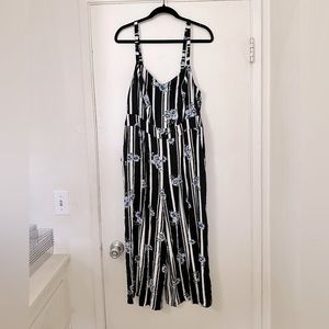 Torrid Pinstripe Jumpsuit with Blue Flowers and Pockets